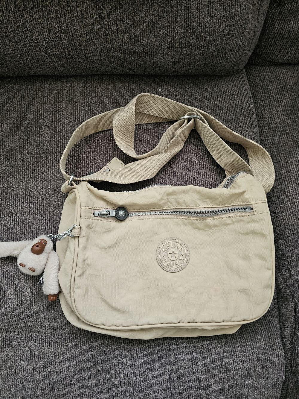 Kipling Beige Crossbody Bag with Monkey Charm